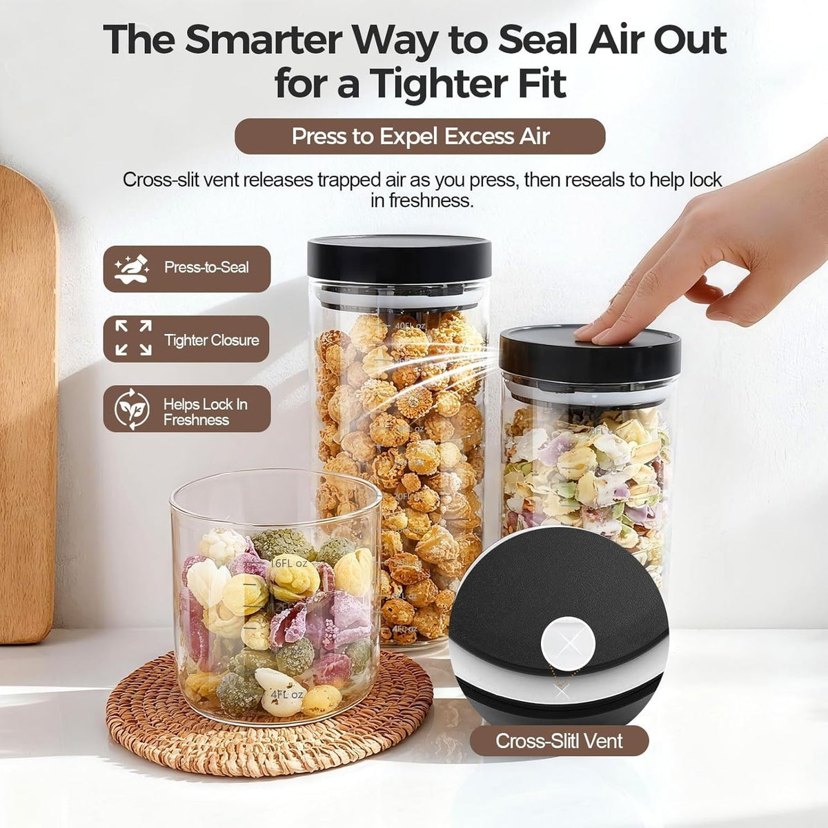 Set of 6 Airtight Glass Storage Canisters with Press-Seal Lids - 3mm Thick Borosilicate Jars for Pantry