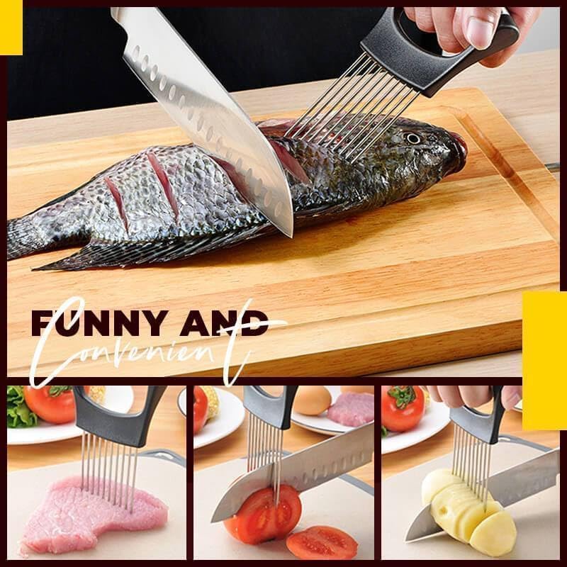 Stainless Steel Onion Slice Holder and Vegetable Slicer for Safe Even Cutting
