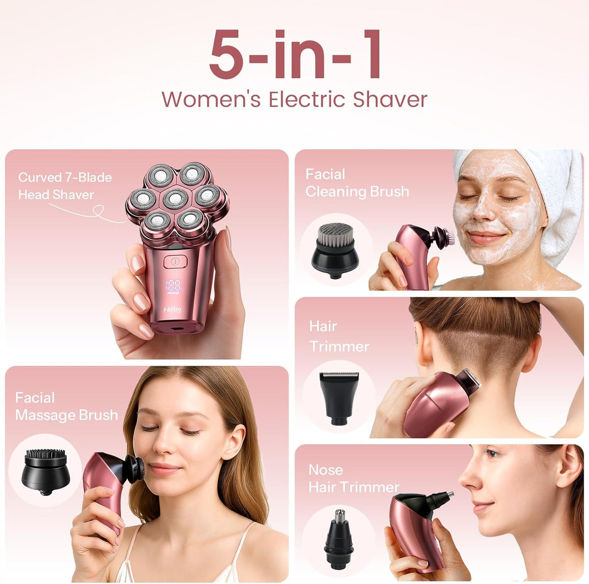 5-in-1 Electric Razor for Women, 7D Floating Head Shaver for Legs, Bikini & Body, IPX7 Waterproof