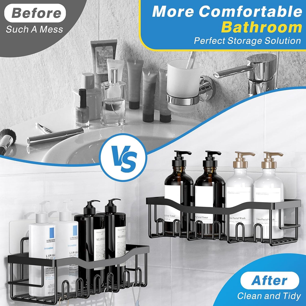 5-Pack Adhesive Shower Caddy, Rustproof Stainless Steel Bathroom Organizer with Large Capacity