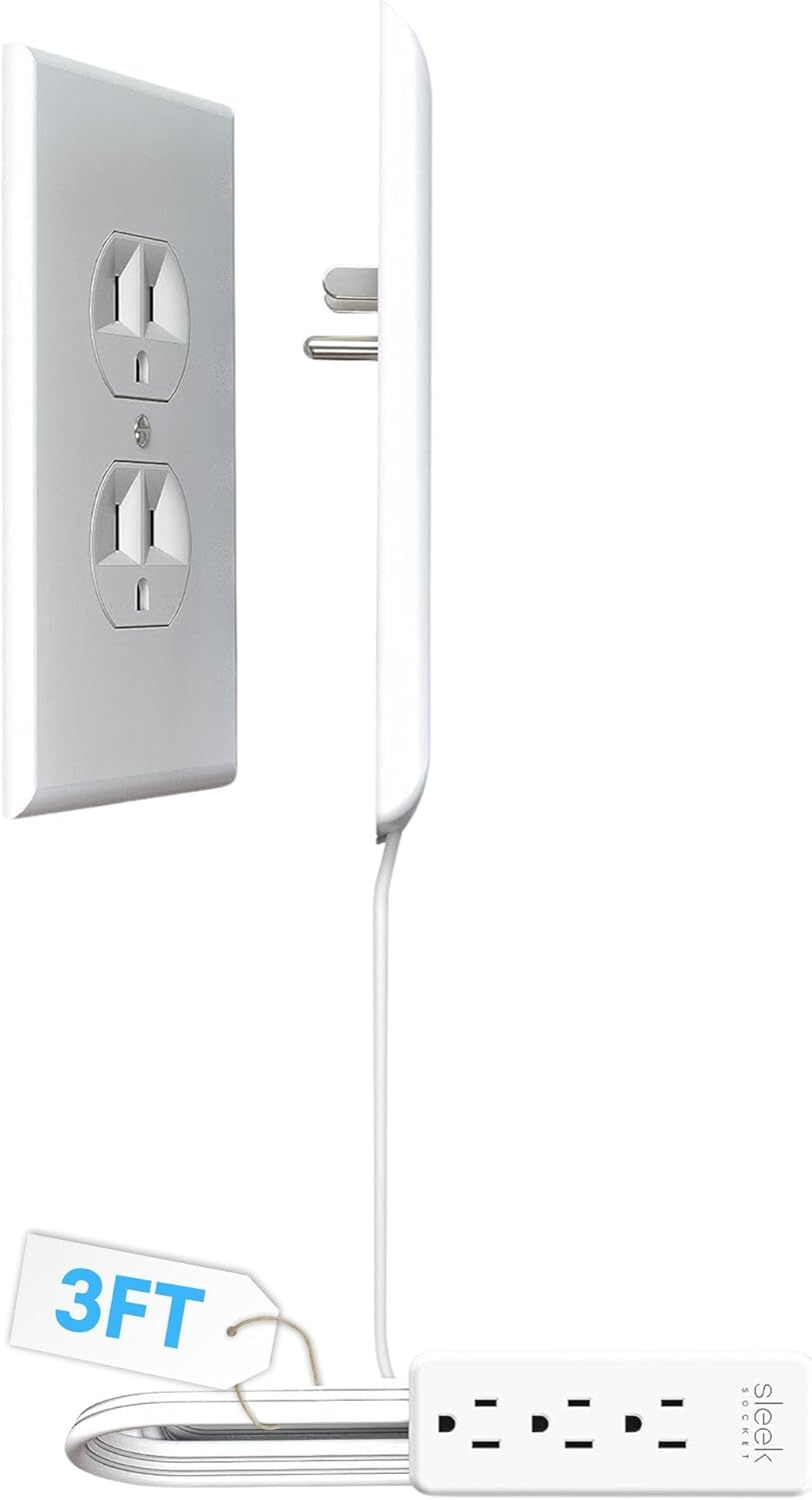 Ultra-Thin Flat Outlet Concealer with 3-Outlet Power Strip and 3ft Extension Cord Kit